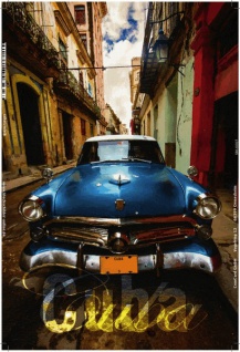 Cuba, blaues Auto, Blechschild 20x30