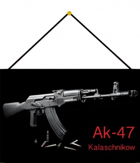 Blechschild Waffe Kalaschnikow AK47 & Patronen Metallschild Deko 20x30 m.Kordel