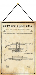 Blechschild Patent Entwurf für eine Trompete Metallschild Deko 20 x 30 m.Kordel