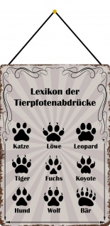 Blechschild Lexikon der Tierpfotenabdrücke Metallschild 20x30 Deko m.Kordel
