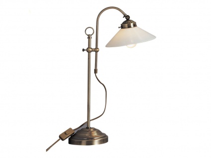 Höhenverstellbare Tischlampe Altmessing, Lampenschirm Glas, Tischleuchte antik