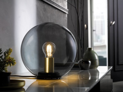 Kleine Tischlampe Rauchglas Schwarz Messingfarben - Industrial Kugellampe Ø 25cm