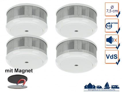 4er-Set Mini 10-Jahres Rauchwarnmelder + Magnet-Set mit VDS & DIN EN14604