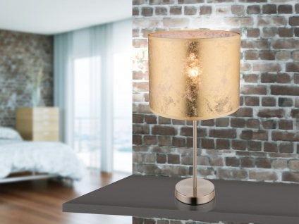 Große Design Tischlampe Lampenschirm Stoff gold, Nachtischlampen für Fensterbank 1