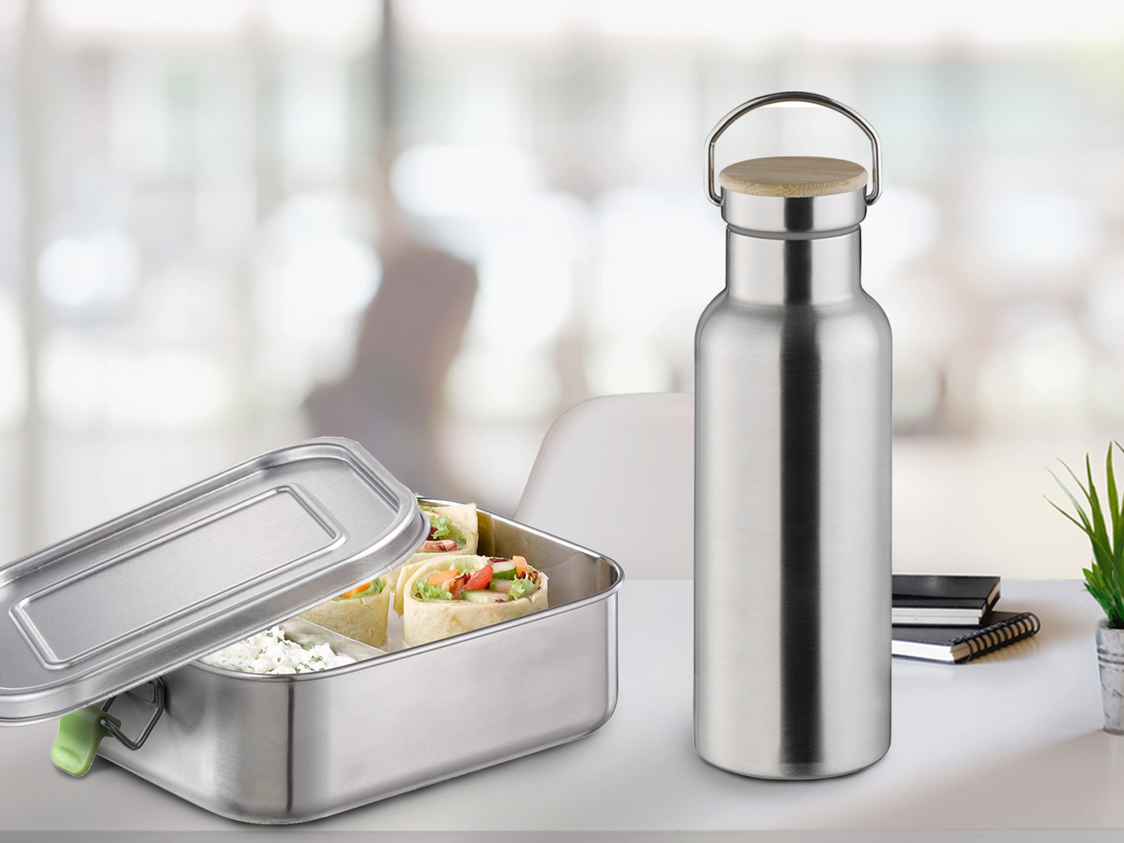 Set Trinkflasche & Lunchbox aus Edelstahl, Brotdose Thermosflasche auslaufsicher