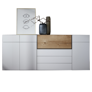 Die Hausmarke Media Design Sideboard 4055 S-32 mit Korpus und Front in Weiß Mattlack und Designausführung Wildeiche hell Furnier