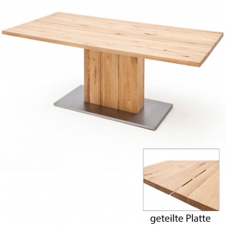 MCA Greta Esstisch in Balkeneiche Massivholz geölt mit geteilter Tischplatte gerade Kanten mit Säulenfuß in verschiedenene Größen wählbar