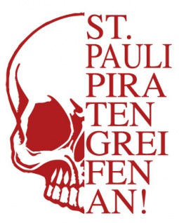 Aufkleber Applikation - Totenkopf Skull Schädel - St. Pauli Piraten greifen an ! - AP1707 - versch. Farben u. Größen rot / 15cm