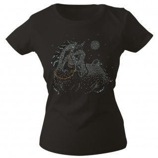 Girly-Shirt mit Strasssteinen Glitzer Pferd Horse Stute G88332 Gr. schwarz / XXL