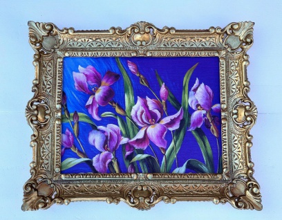 Gerahmte Gemälde Blumen Bilder 56x46 Lila Blumen Bild mit Rahmen in Antik Stil