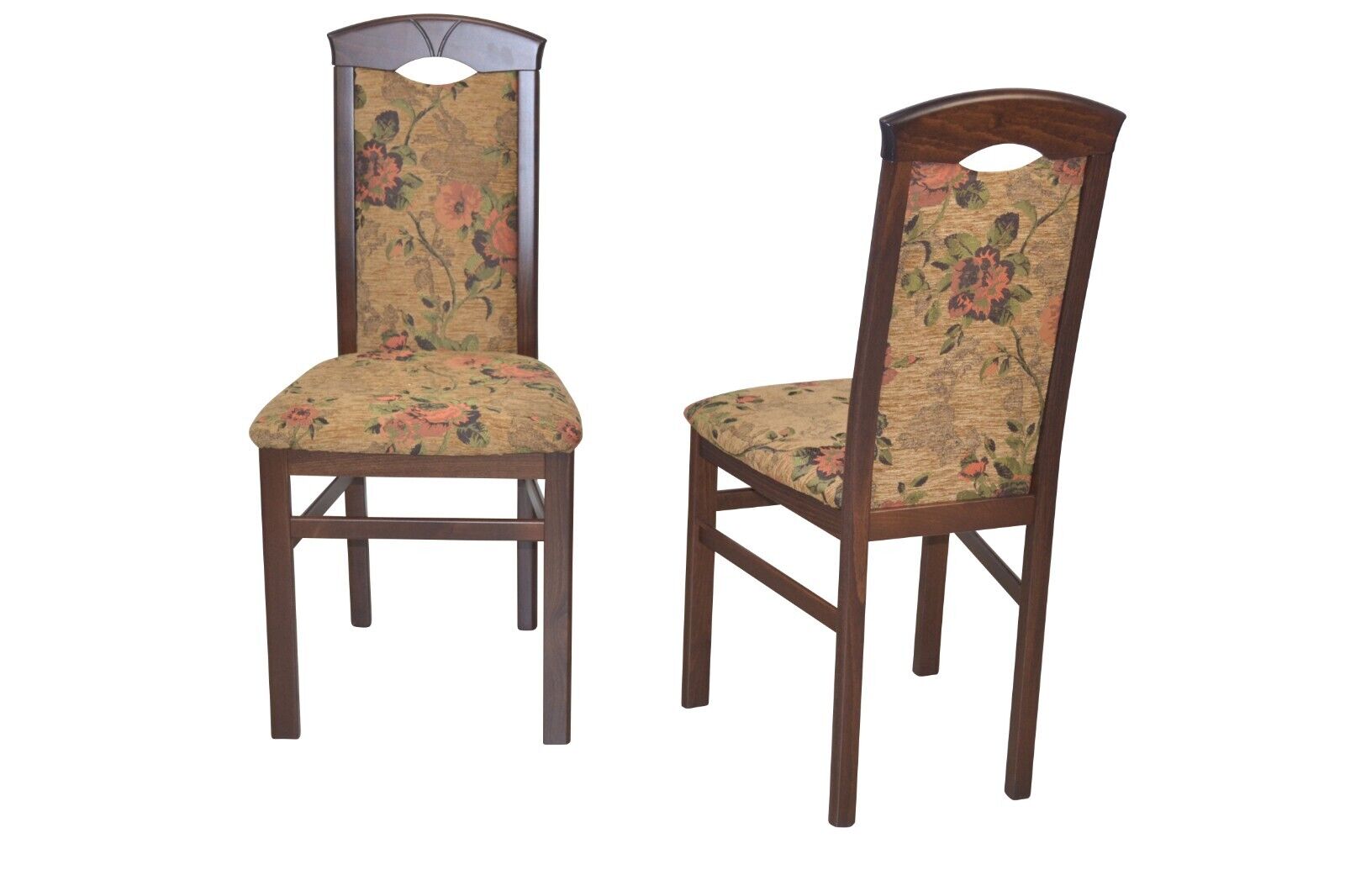 2 x Esszimmerstühle massivholz nußbaum / braun Blumen Stoff Stuhlset Holzstühle