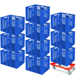 10 Euroboxen, 600x400x410 mm, lebensmittelecht, blau + Transportroller