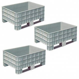 3x Palettenbox mit Außenrippen und 2 Kufen, LxBxH 1170 x 800 x 520 mm, grau