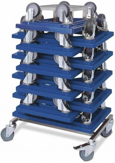 Rollerständer aus Edelstahl m. 10 Kunststoffroller 600x400 mm, blau, 4 Lenkrollen