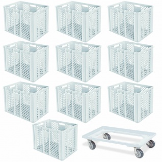 10 Euroboxen, 600x400x410 mm, lebensmittelecht, weiß + Transportroller