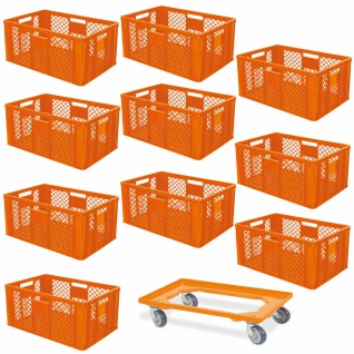 10 Euroboxen, 600x400x320 mm, lebensmittelecht, orange + Transportroller