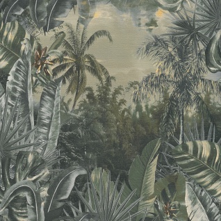 Vliestapete Dschungel Blätter Palmen olivgrün grau Textil Optik 383563 / 38356-3