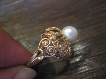 Königlicher Diamant Brilliant Ring echte Perle 585er Gold Cocktailring Perlenring