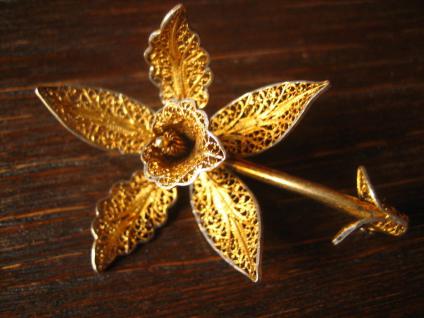 hauchfeine Jugendstil Brosche Orchidee Brassia Filigranarbeit 835er Silber gold