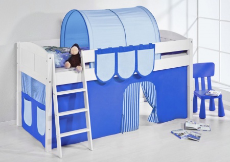 Spielbett Bett -LANDI -Blau Hellblau -Teilbar-Kiefer Weiss-mit Vorhang