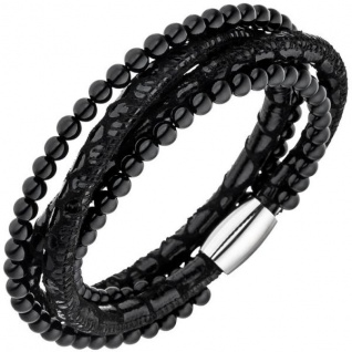 Armband Leder schwarz mit Onyx Kugeln und Edelstahl 19 cm