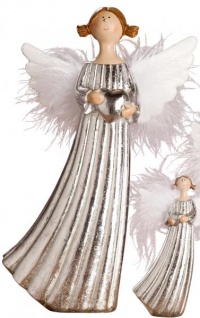 Deko Figur stehender Engel mit Herz aus Keramik in Silber 12 cm groß