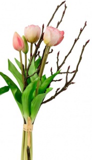 Künstliche Tulpen als Bund 5 Stück mit Zweigen grün rot 42 cm