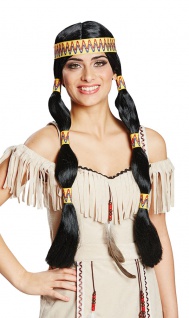 Perücke Indianerin schwarz mit Stirnband Indianer Perücke 2 Zöpfe KK
