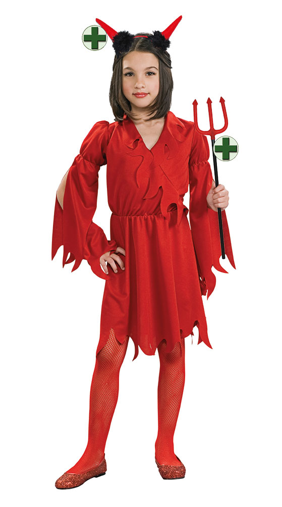 Teufel Kostüm Kinder Mädchen mit Teufelsgabel und Teufelshörner Halloween KK