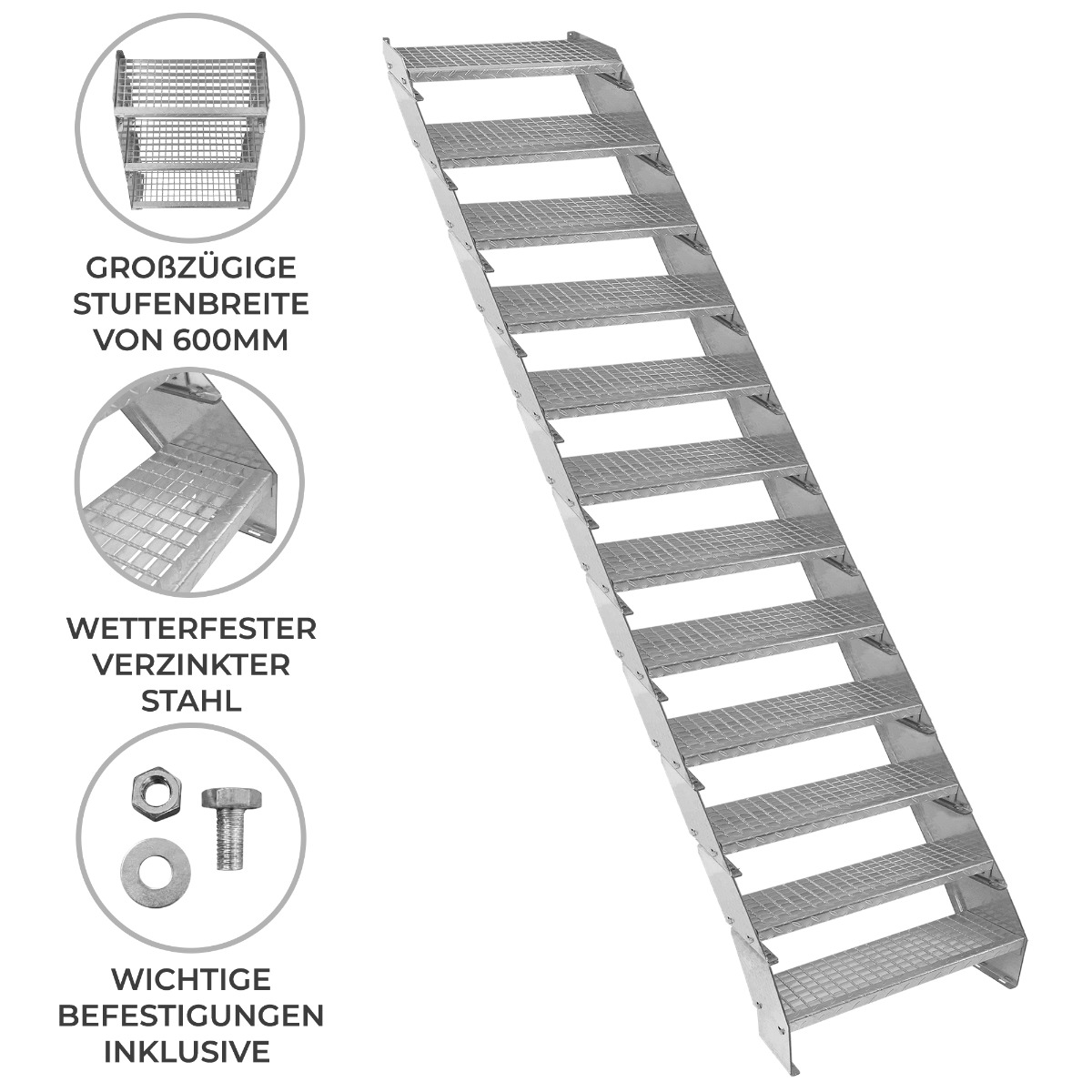 Verzinkter Stahl Treppe 12 Stufen | Anpassbare Gitterrost-Stufen Anzahl (2-12) & Höhenverstellbar | Wetterfest, Robust & Modular | für Außen Garten Terrasse | GRATIS Befestigungssatz [60cm breit]