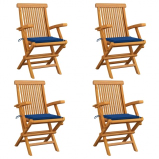 vidaXL Gartenstühle mit Blauen Kissen 4 Stk. Teak Massivholz