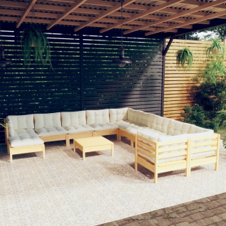 vidaXL 12-tlg. Garten-Lounge-Set mit Creme Kissen Kiefernholz