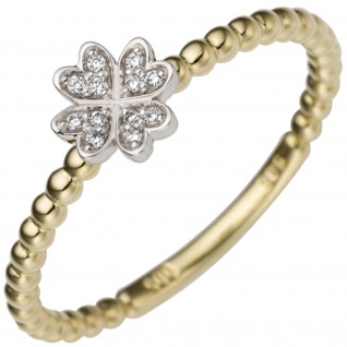 Damen Ring Kleeblatt 585 Gold Gelbgold Weißgold bicolor 12 Diamanten Brillanten