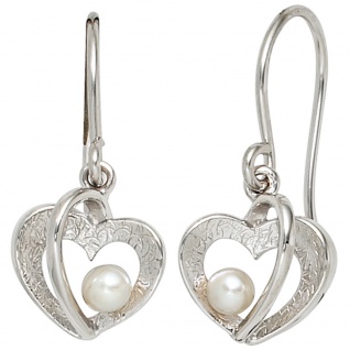 Ohrhänger Herz 925 Silber eismatt 2 Süßwasser Perlen Ohrringe Perlenohrringe