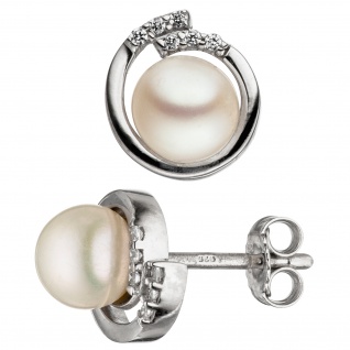 Ohrstecker 925 Sterling Silber mit 2 Süßwasser Perlen weiß und Zirkonia Ohrringe