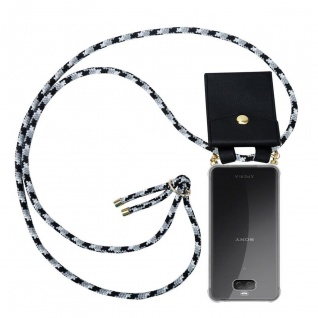 Cadorabo Handy Kette kompatibel mit Sony Xperia 10 PLUS in SCHWARZ CAMOUFLAGE - Silikon Schutzhülle mit Gold Ringen, Kordel Band und abnehmbarem Etui