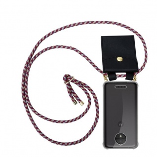Cadorabo Handy Kette für Motorola MOTO C PLUS in ROT GELB WEISS Silikon Necklace Umhänge Hülle mit Gold Ringen, Kordel Band Schnur und abnehmbarem Etui Schutzhülle