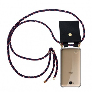 Cadorabo Handy Kette für LG X Power 2 in BLAU ROT WEISS GEPUNKTET Silikon Necklace Umhänge Hülle mit Gold Ringen, Kordel Band Schnur und abnehmbarem Etui Schutzhülle