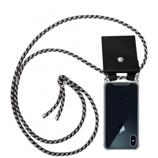 Cadorabo Handy Kette kompatibel mit Apple iPhone XS MAX in DUNKELBLAU GELB - Silikon Schutzhülle mit Silbernen Ringen, Kordel Band und abnehmbarem Etui