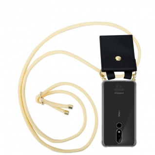 Cadorabo Handy Kette kompatibel mit Nokia 3.1 PLUS in CREME BEIGE - Silikon Schutzhülle mit Gold Ringen, Kordel Band und abnehmbarem Etui