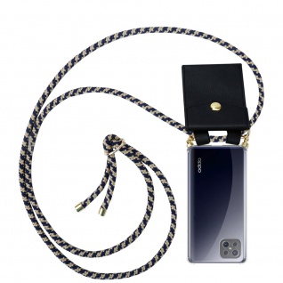 Cadorabo Handy Kette für Oppo A92s in DUNKELBLAU GELB Silikon Necklace Umhänge Hülle mit Gold Ringen, Kordel Band Schnur und abnehmbarem Etui Schutzhülle