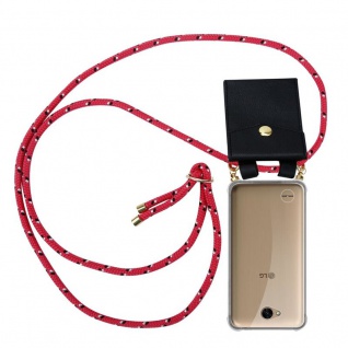 Cadorabo Handy Kette für LG X Power 2 in PINK SCHWARZ WEISS GEPUNKTET Silikon Necklace Umhänge Hülle mit Gold Ringen, Kordel Band Schnur und abnehmbarem Etui Schutzhülle