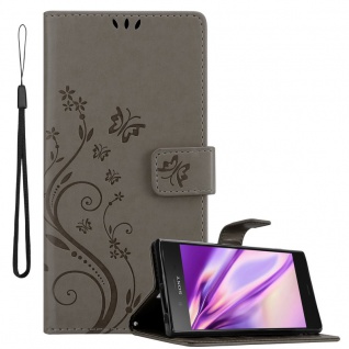 Cadorabo Hülle für Sony Xperia XZ1 in FLORAL GRAU Handyhülle im Blumen Design mit Magnetverschluss, Standfunktion und 3 Kartenfächern Case Cover Schutzhülle Etui Tasche