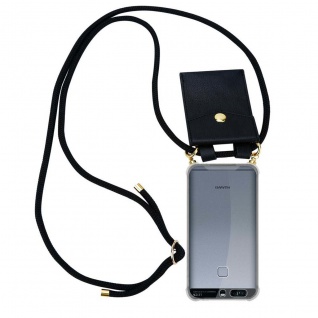 Cadorabo Handy Kette kompatibel mit Huawei P9 in SCHWARZ - Silikon Schutzhülle mit Gold Ringen, Kordel Band und abnehmbarem Etui