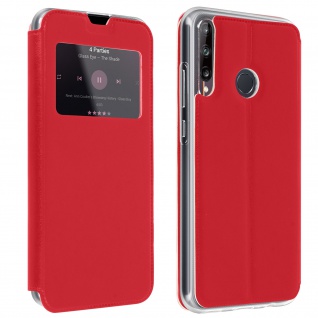 Huawei P40 Lite E Kunstlederetui mit Sichtfenster & Kartenfach Rot