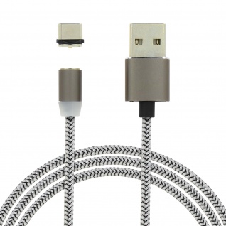 Magnetisches USB/ USB-C Ladekabel Nylon 1m + magnetische USB-C Adapter Silber