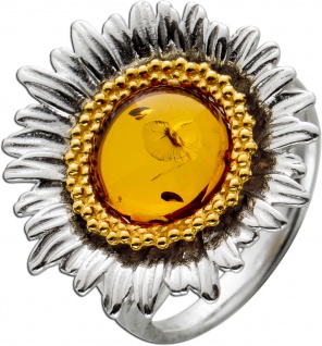 Sonnenblumen Ring Silber 925/- vergoldet mit Cognac Bernstein