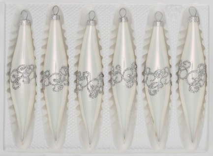 6 tlg. Glas-Zapfen Set in Hochglanz-Weiss-Silberne-Ornamente