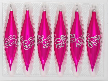 6 tlg. Glas-Zapfen Set in Hochglanz-Pink-Silberne-Ornamente