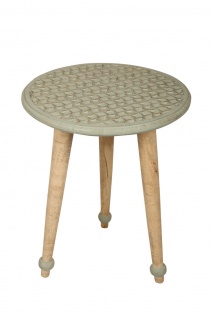 bhp Beistelltisch aus Holz, Rund mit geschnitzter Tischplatte mit Muster mint